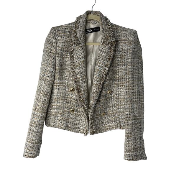 Zara Tweed Blazer Women L Beige White Gold Buttons Cropped Clueless Old Money - Picture 1 of 8